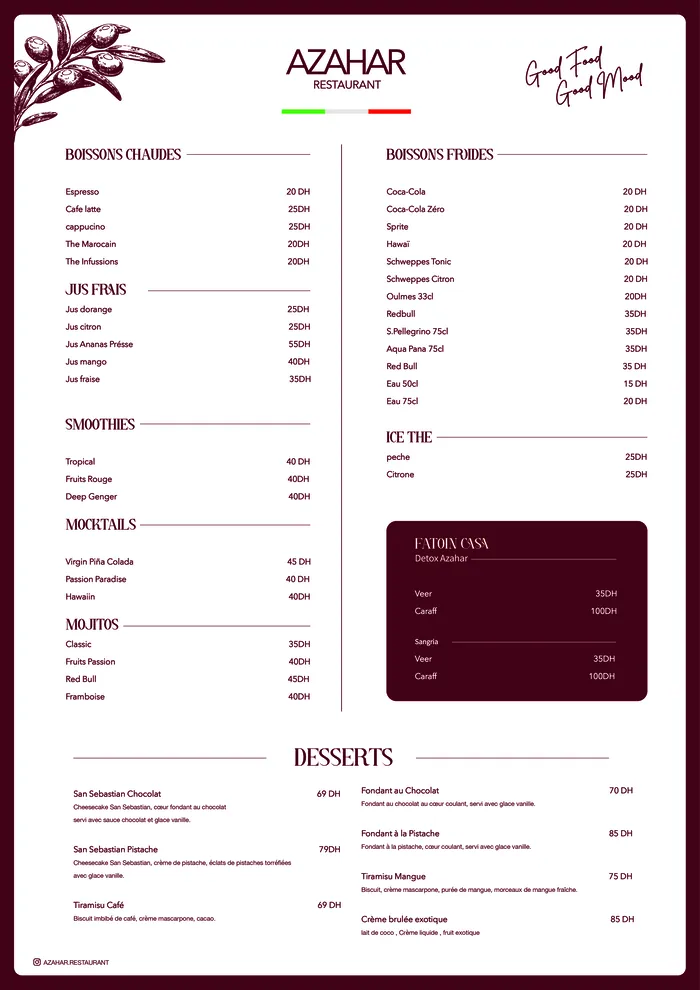 AZAHAR drinks and desserts menu