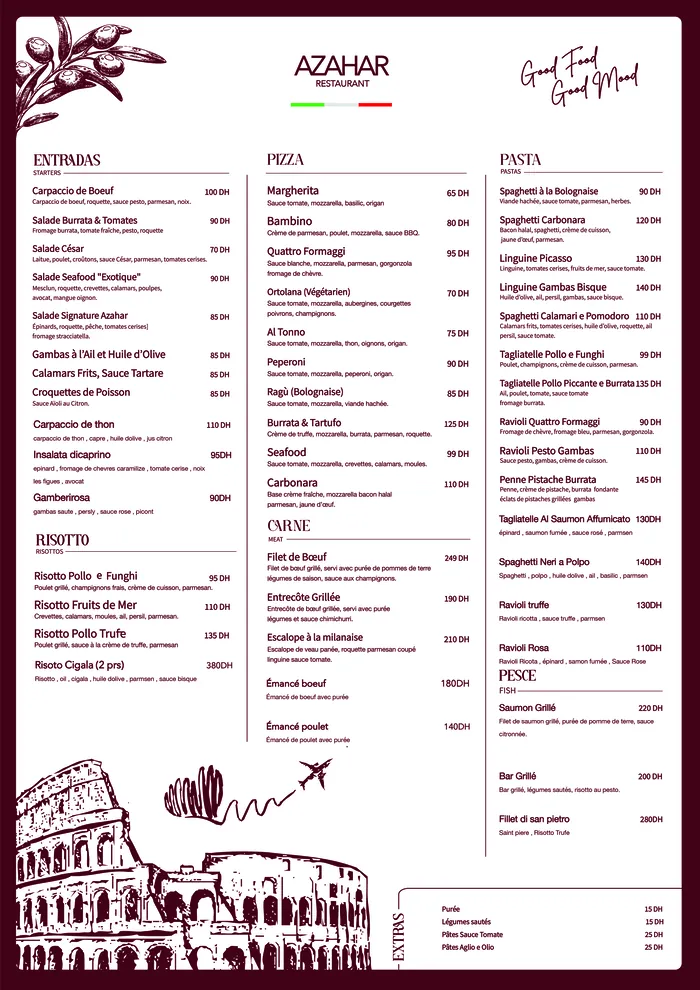 AZAHAR food menu — starters, risotto, pizza, pasta, meat and fish
